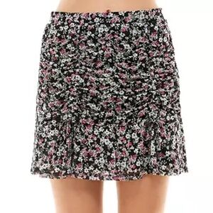ULTRA FLIRT Skirt Ruched Mesh with Vertical Drawstrings Black Floral XL